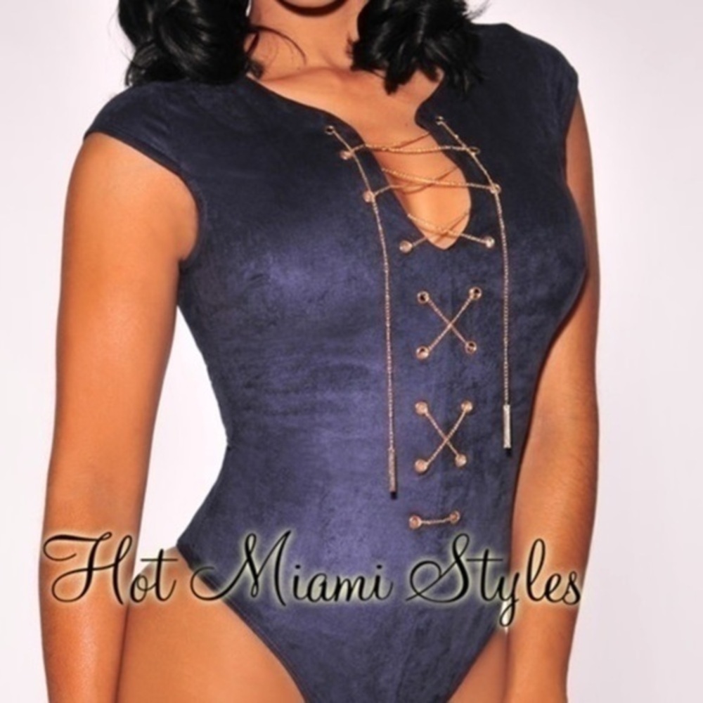 Bodysuit Hot Miami style Final Sale Navy Blue Faux Suede Chain Lace Up Body glam